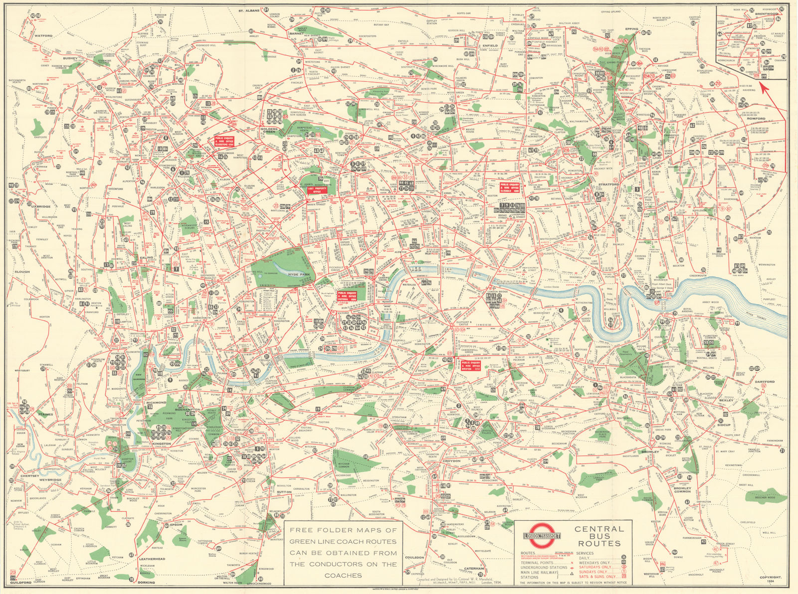 London Transport Central Bus Routes Map. L.P.T.B. / Mansfield 1934 (1937)